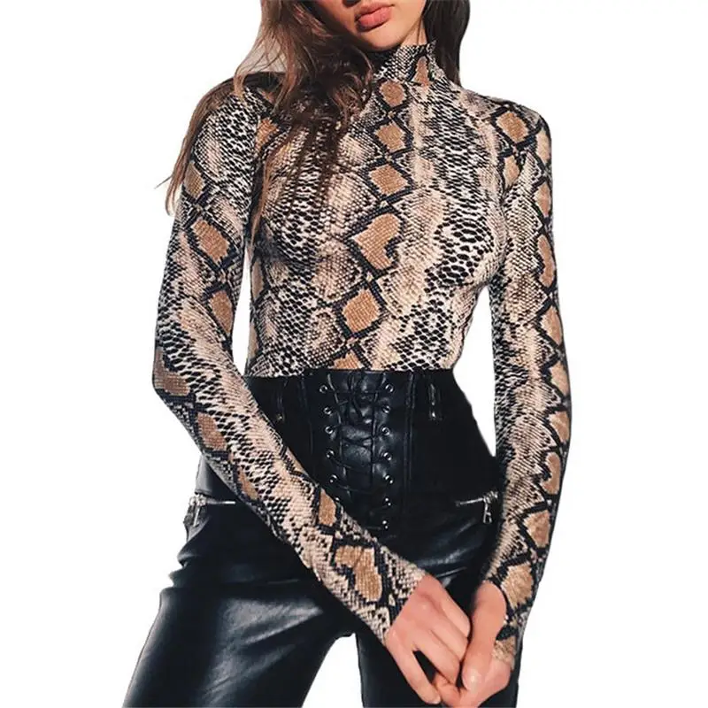 Змеиной кожи Водолазка с длинным рукавом боди Сексуальная Bodycon Модный комбинезон