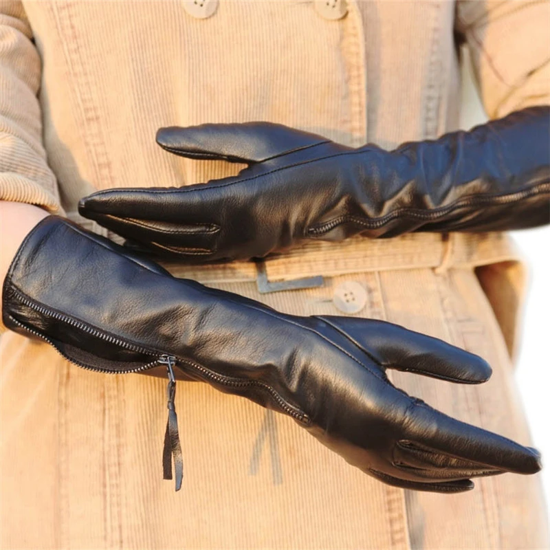 Женские перчатки из натуральной кожи, женские осенне-зимние черные перчатки из овчины на молнии, длинные стильные тонкие бархатные перчатки с пятью пальцами, L031NQ