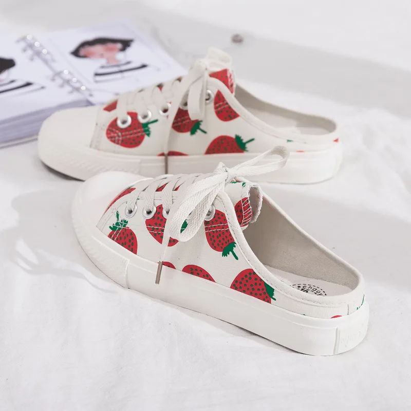 

Half Strawberry White Shoes Summer Leisure Student Board Shoes Female Flat Heel Lazy Shoes Flip Flops Luxury Shoes