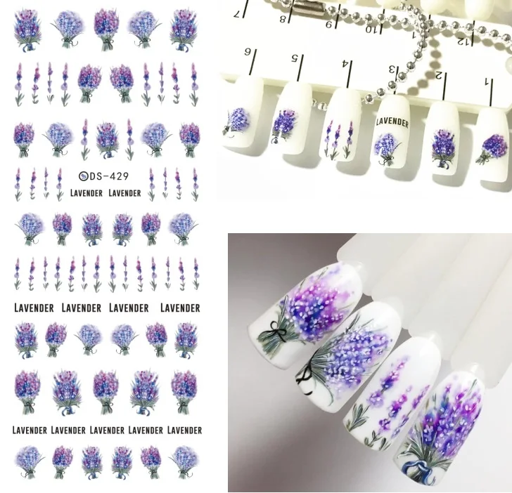 1 шт Лавандовые цветы дизайн переводные наклейки с водой фиолетовый цветочный DS429 наклейки для ногтей Фольга для обертывания наклейки для маникюра