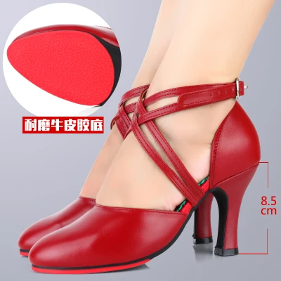 Женская обувь для латинских танцев из натуральной кожи черная/винно-красная танцевальная обувь на высоком каблуке с мягкой резиновой подошвой Современная Летняя обувь - Цвет: Wine red 8.5cm heel