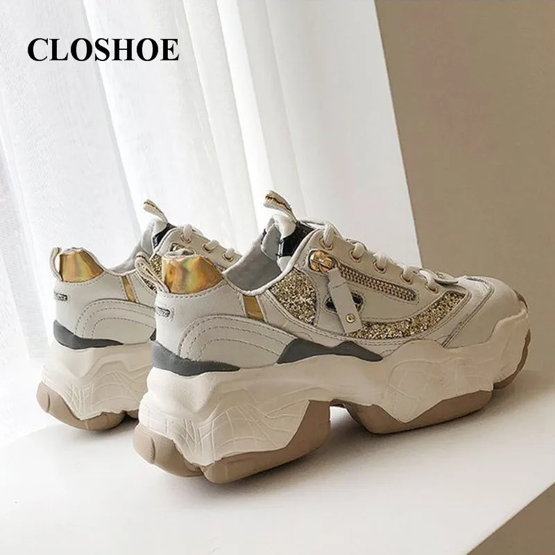 

CLOSHOE New Spring Styles Go Well with Platform Shoes Bling Patchwork Zip Air mesh