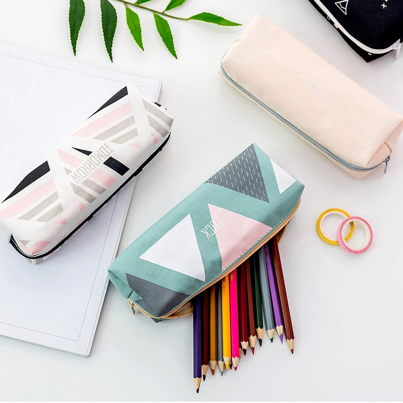 

School Pencil Cases Cute Student Large Capacity Pencil Bag Canvas Cartoon Stripe Storage Pencil Case Box Creative