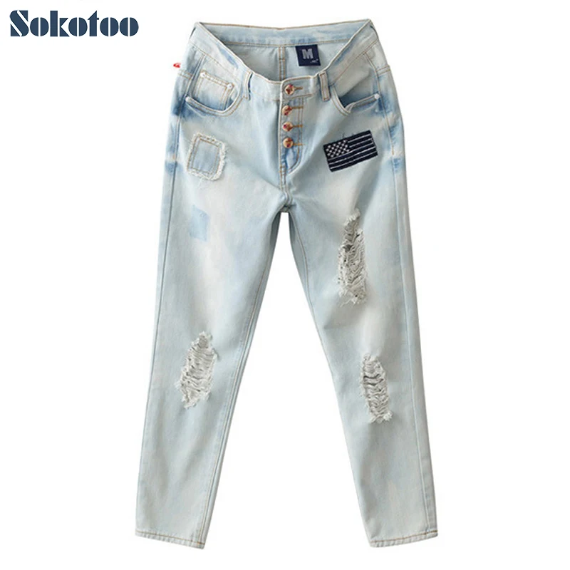 

Sokotoo Women's casual loose large size holes ripped jeans Vintage patchwork flag blue white denim pants Long trousers