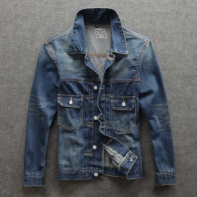 

Vintage Designer Fashion Men Jackets Blue Color Multi-Pockets Brand Bomber Jackets Men Coat Slim Fit Simple Classic Denim Jacket