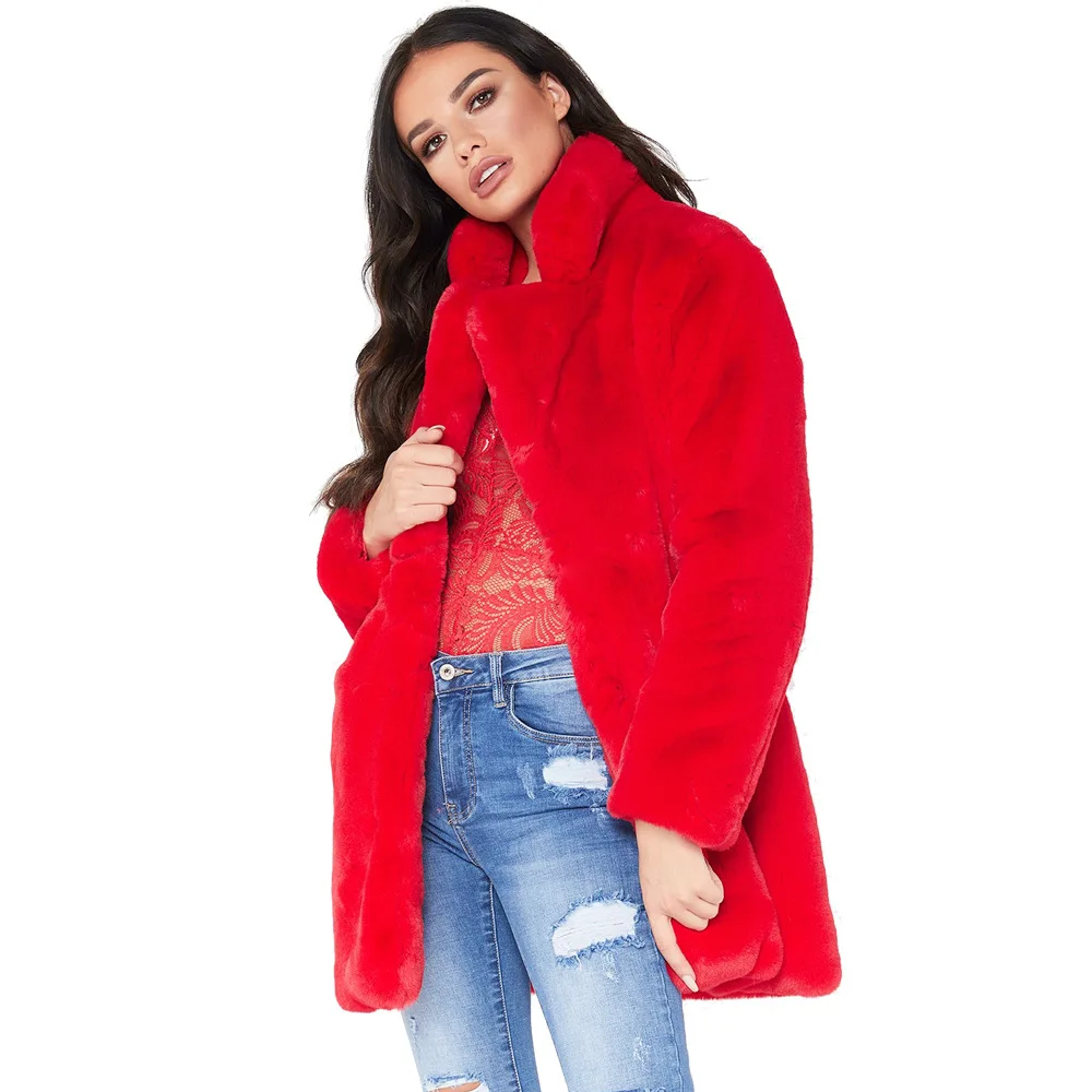 Women Loose Fluffy Red Faux Fur Coat Girls Thick Warm Furry Jacket Long ...