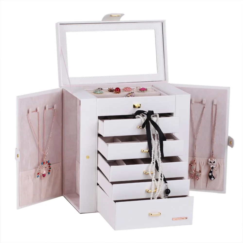 White Huge Jewelry Cabinet PU Watch Storage Box Ring Display Earrings Holder Leather Mirrored Containers Choker Roomy Case ZG241