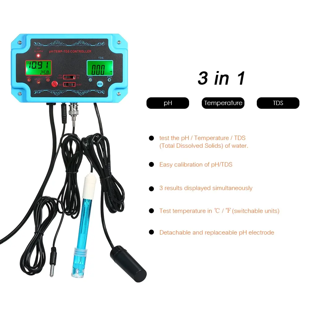 Профессиональный 3 в 1 pH/TDS/TEMP датчик качества воды pH контроллер с разъем реле Repleaceable электрод тестер качества воды