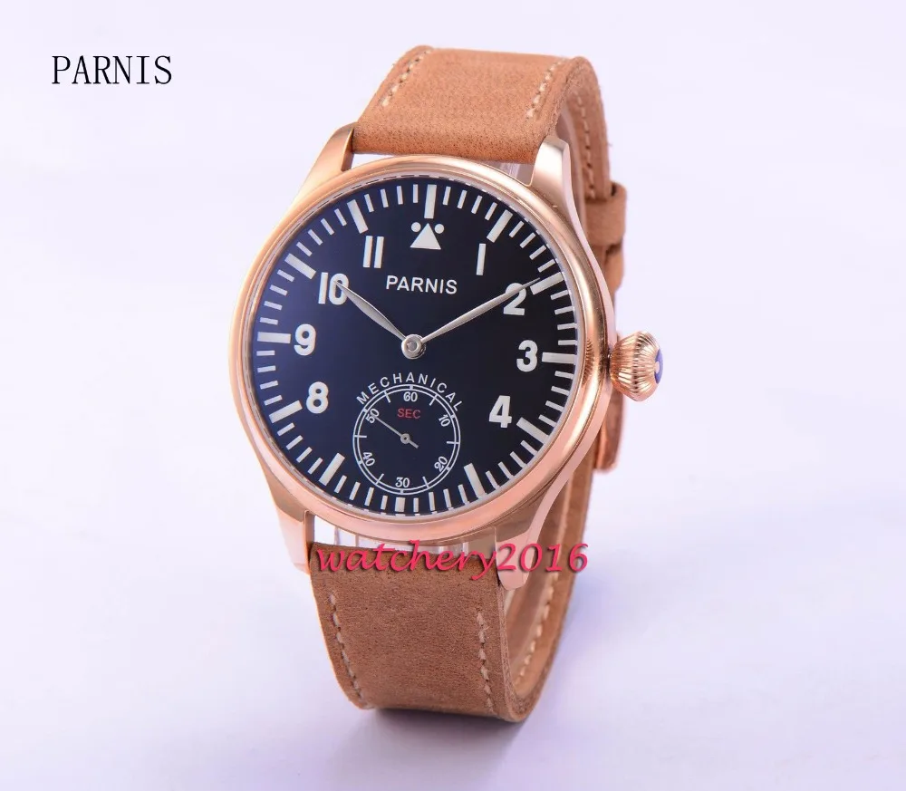 

Fashion 44mm Parnis black dial rose golden case 6498 Hand Winding Movement Men's Wrist Watch