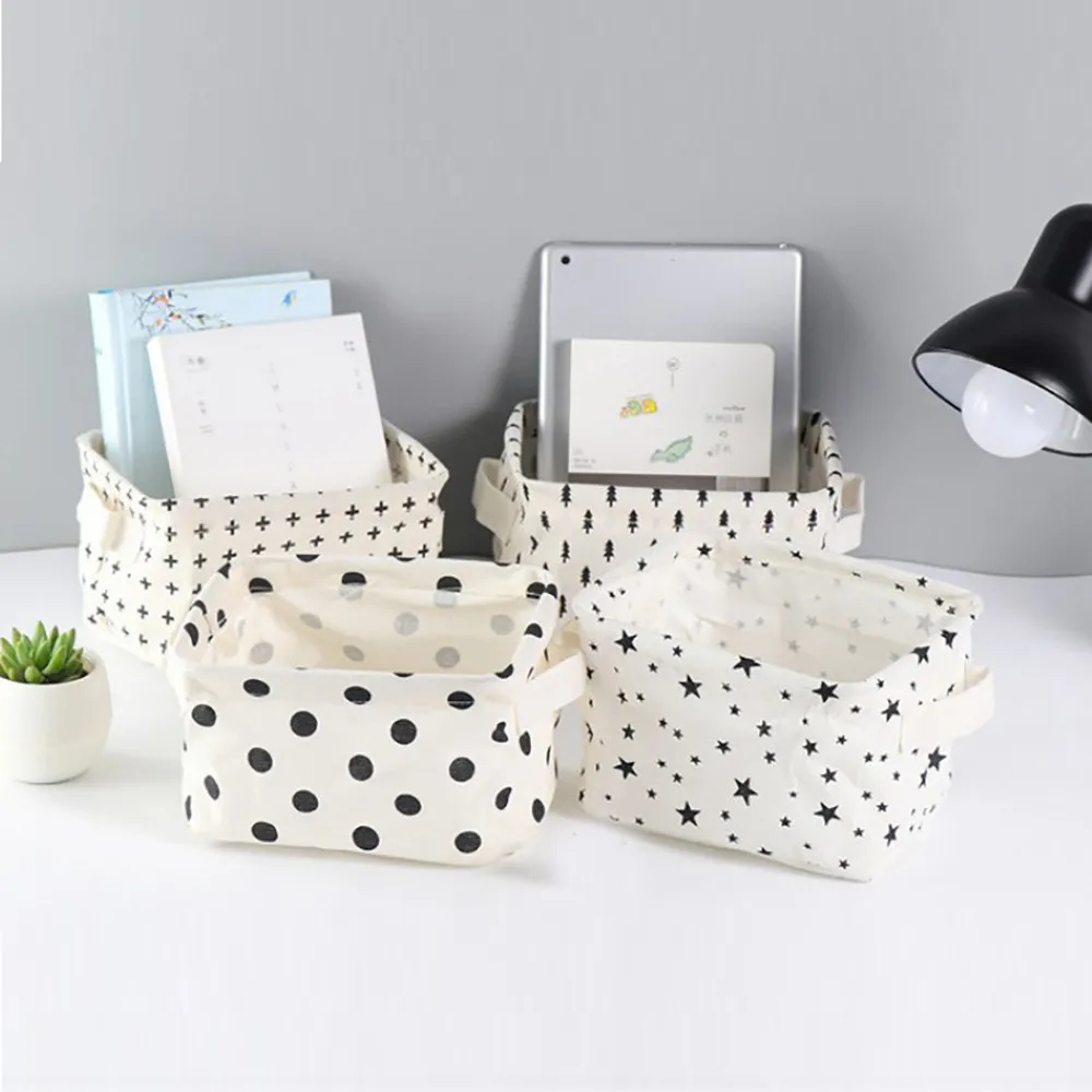 

Dropshipping Cotton Linen Desktop Storage Basket Sundries Storage Box with Handle Small Table Storage Basket Space-Saving Bags