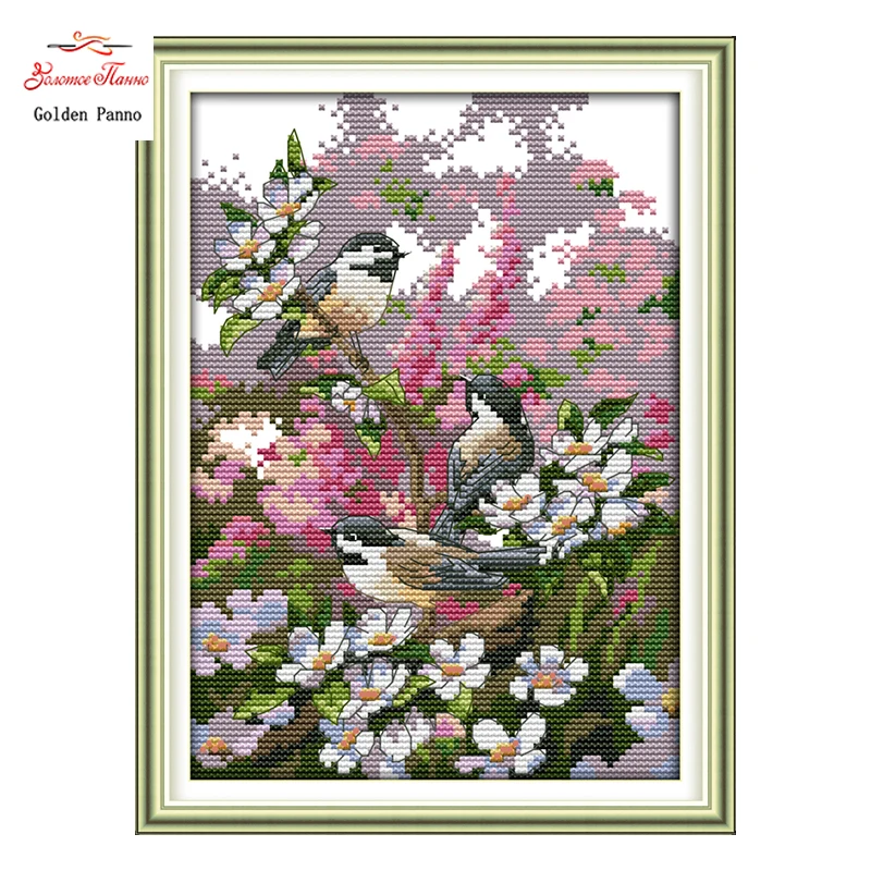 

Golden Panno,Three birds in garden animal Painting Counted Print on the canvas DMC 14CT 11CT DMS Cross Stitch Needlework 1122