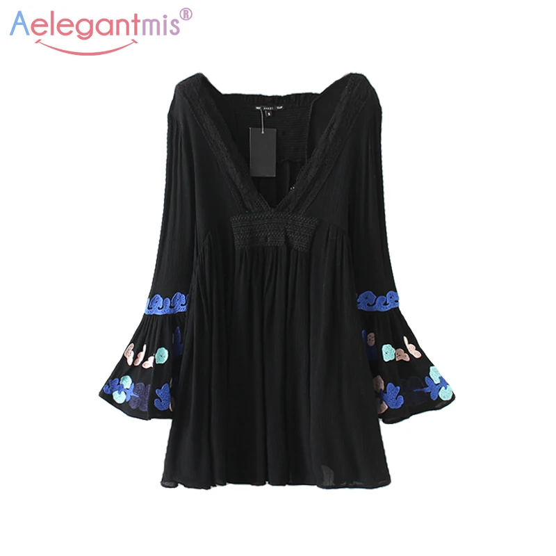 

Aelegantmis Spring New Women Black Sexy V-Neck Mini Dress Summer Ladies White Floral Embroidery Long Flare Sleeve Party Dresses