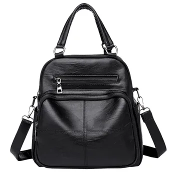 

Women's Leather Vintage Solid Zipper Backpack Soft Handle Satchel Travel School Rucksack Bag Black #Zer