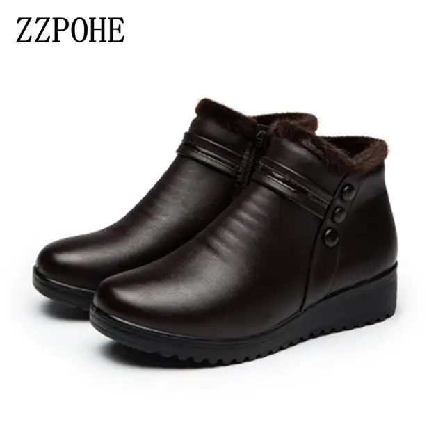 Best Price ZZPOHE 2017 Fashion Winter Boots Women Genuine Leather Ankle Warm Boots Mom autumn plush wedge shoes Woman shoes Big Size 35-41