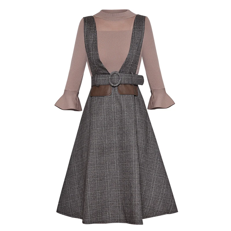 

New Designer Women Flare Sleeve Top And Plaid Print A-Line Set Dress J9208