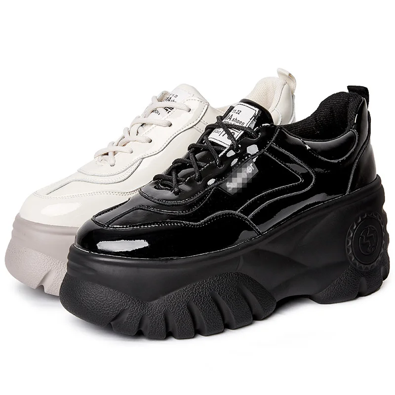 Черные женские брендовые кроссовки из лакированной кожи на платформе; коллекция года; модная удобная женская обувь на шнуровке; chaussures femme; обувь для отдыха