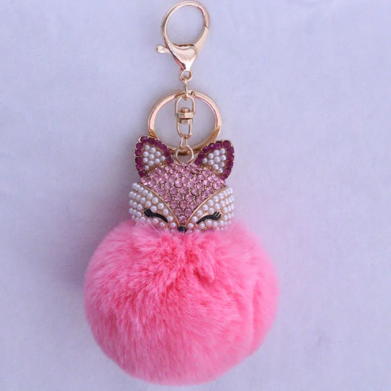 

Artificial Rabbit Fur Ball Keychain Fox Head Inlay Rhinestone Car Key Chain Handbag Key Ring Delicate 2017 New Gift