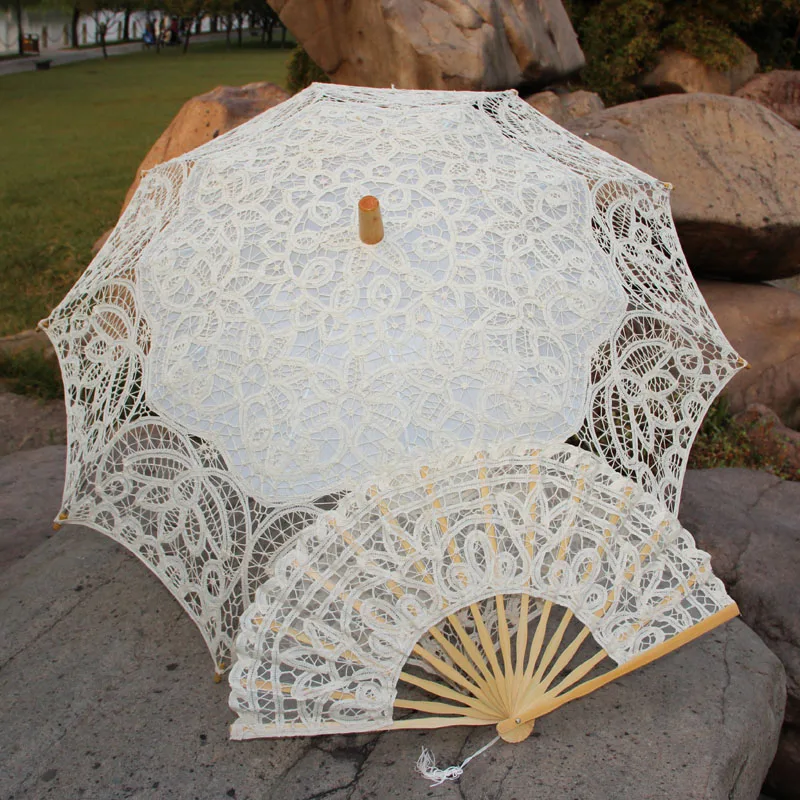 Theatre Performances Princess Dancing Cotton Lace Parasol and Fan Beach Wedding Party Decorated Flower Umbrella