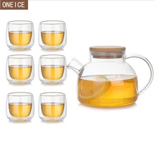 Термостойкий прозрачный стеклянный чайник, кофейник, китайский чай кунг-фу, набор из 7 предметов, 80 мл/500 мл, Бамбуковая крышка
