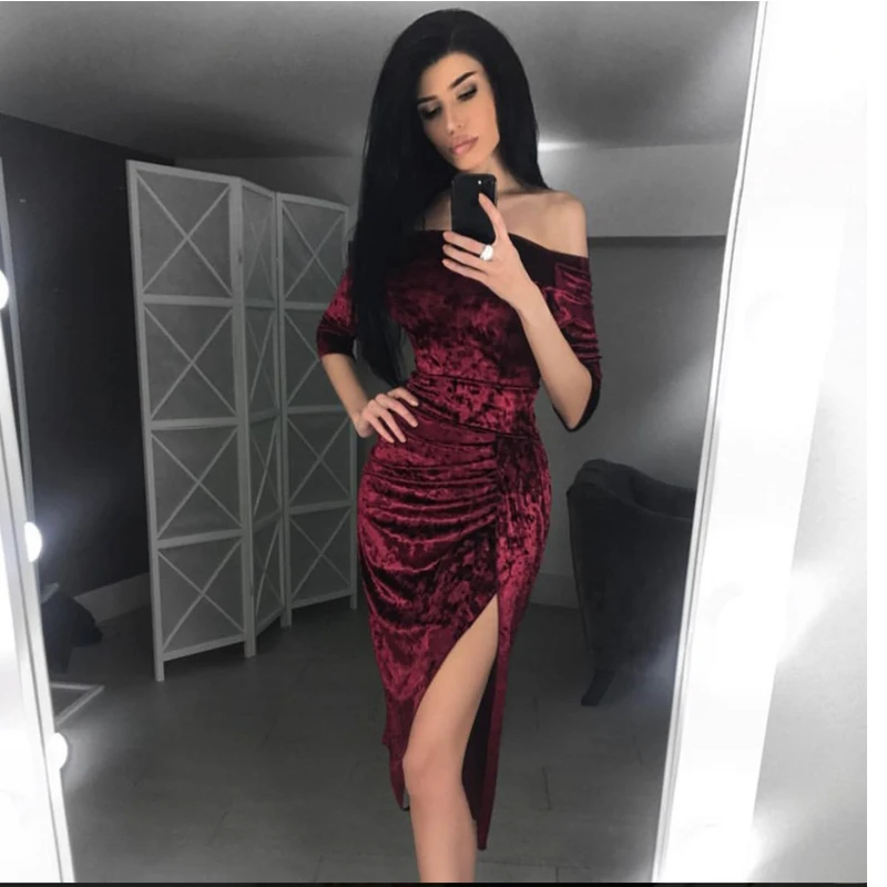 Velvet Women Bandage Dress 2017 Autumn Winter Sexy Off Shoulde Side Slit (1)