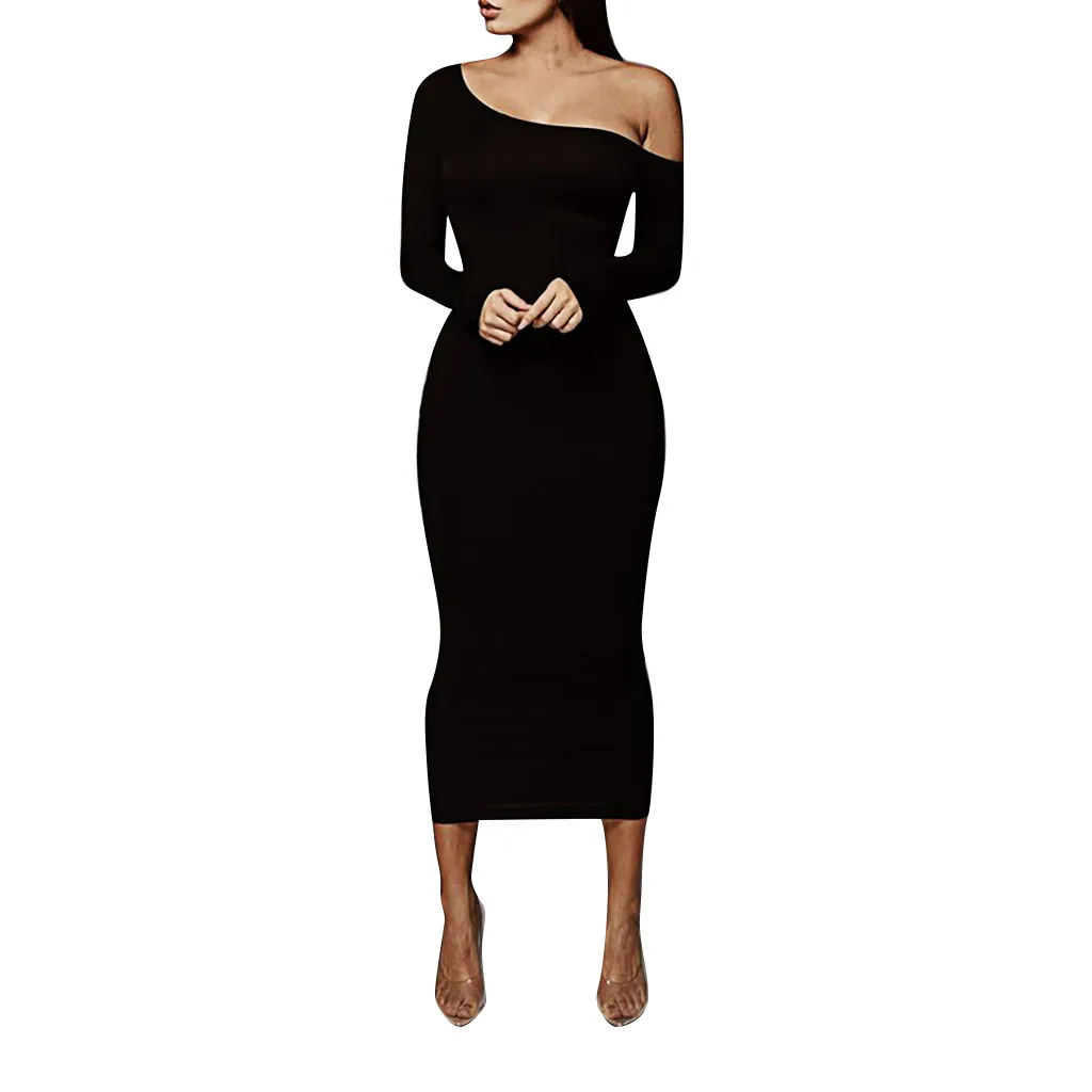

Fashion Women Sexy Solid Formal Dress Women Elegant Casual Sexy Bodycon Long Sleeve One-Shoulder Long Maxi Vestidos Mujer #B