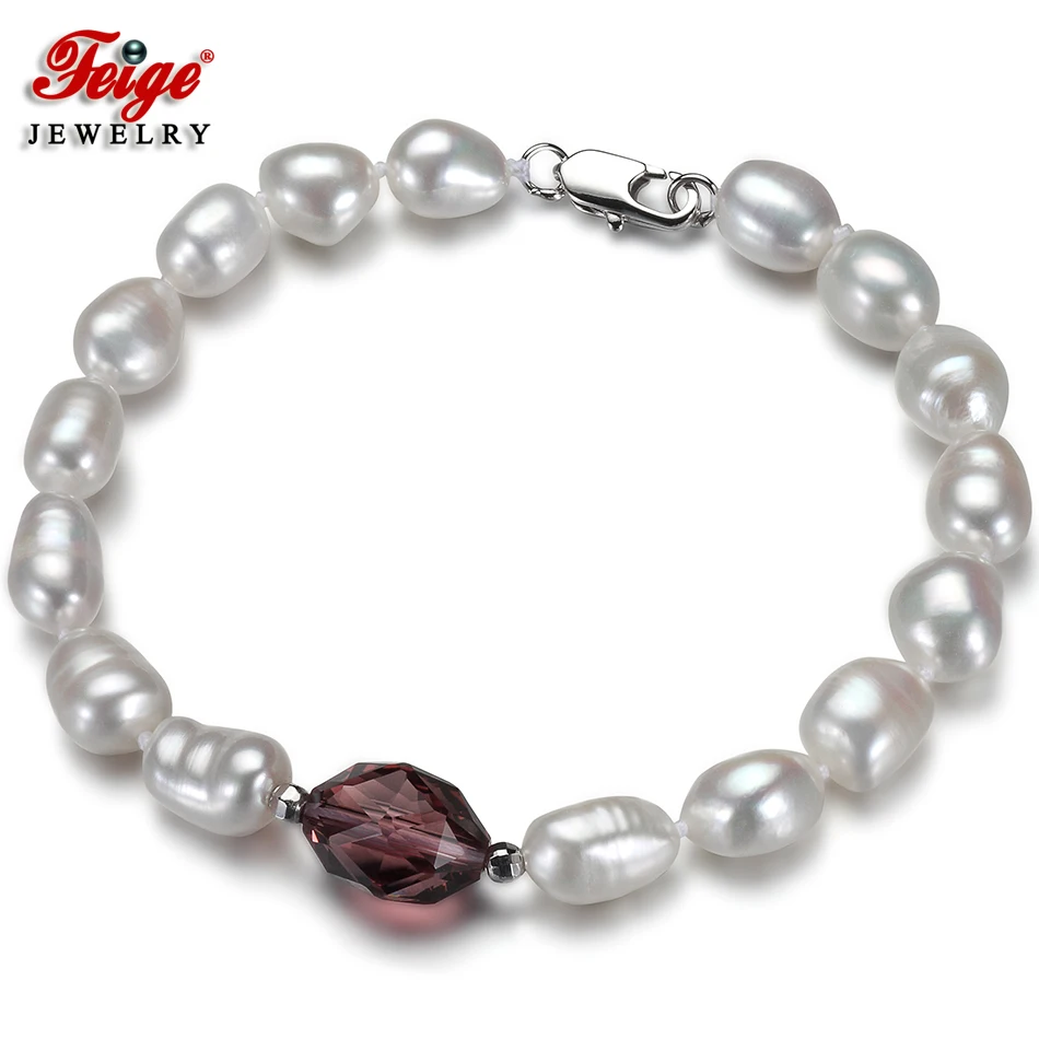 

Feige Special offer Baroque 7-8MM White Freshwater Pearl Strand Bracelet for Women's Wine red Crystal Bracelets Pearl Jewelry