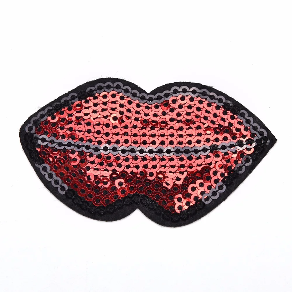 Red lip lipstick sequin embroidered patches for clothing badge sew iron on stripes clothes