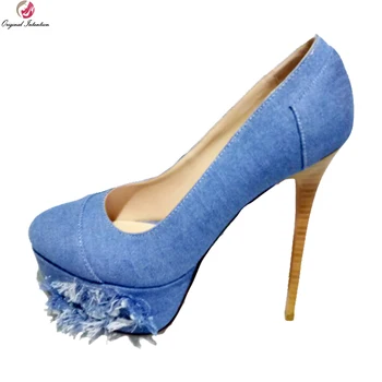 

Original Intention New Elegant Women Pumps Gorgeous Denim Round Toe Thin High Heels Pumps Blue Shoes Woman Plus US Size 4-15