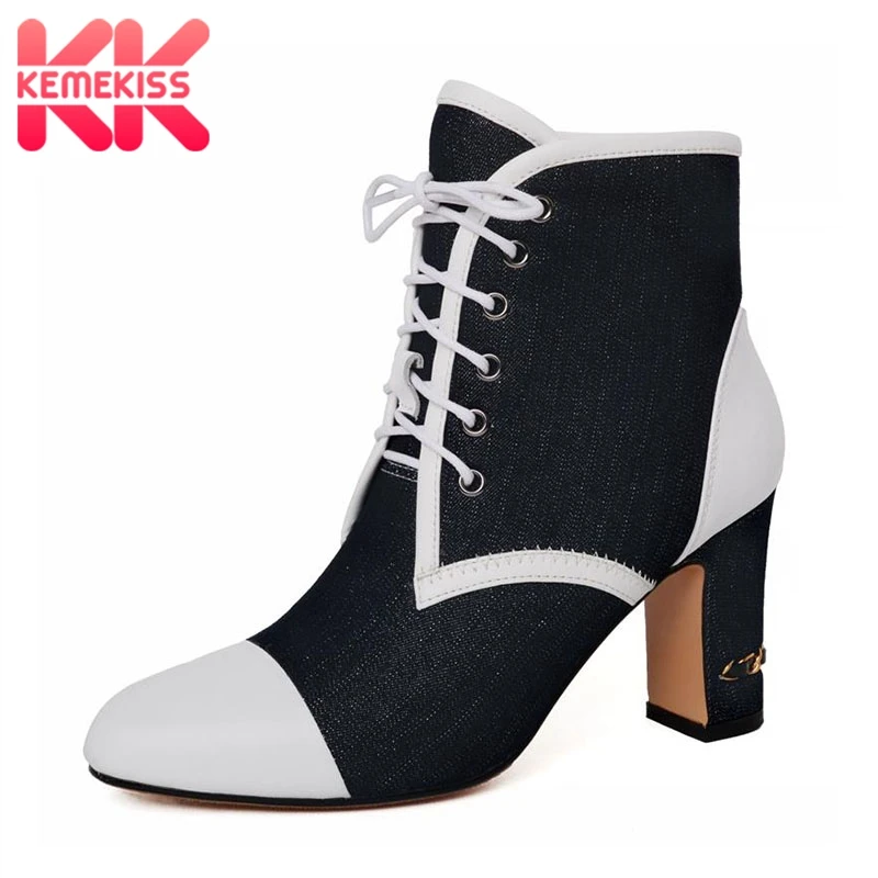 

KemeKiss Women High Heels Boots Real Leather Ankle Boots Mixed Color Winter Short Boots Cross Strap Warm Boots Size 33-40