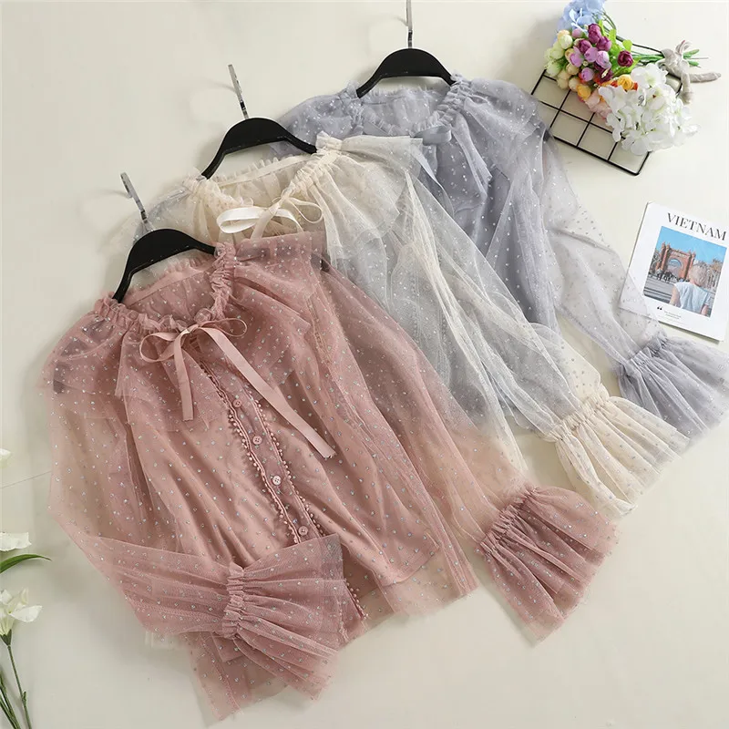 

Two Piece 2018 Women Mesh Blouse Sweet Tie Bow Lace Shirts Female Long Sleeve Ruffles Blouses Bottoming Shirt +Tank Tops AB1168