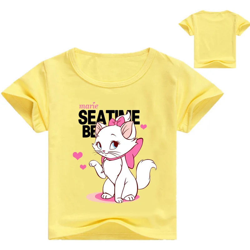 От 2 до 12 лет Marie Aristocats Cat летняя одежда с короткими рукавами детская игровая футболка топы для девочек с героями мультфильмов, футболки для маленьких мальчиков и девочек