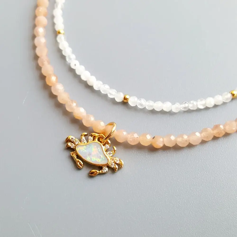 

Lii Ji Genuine Moonstone Sunstone Lab-Created Opal Crab Pendant Charms 2 Rows Delicated Handmade Necklace