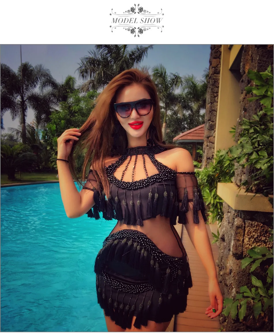 Tina beauty Холтер холодное плечо черное платье изящное вышитое бисером мини-платье с бахромой сексуальное Сетчатое бахрома Bodycon платья