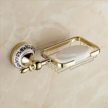 

Free shipping Royal Shining Gold Color Wall Mounted Brass Polished Soap Dishes Ceramic Holder Basket Bathroom Hardware ZR2617