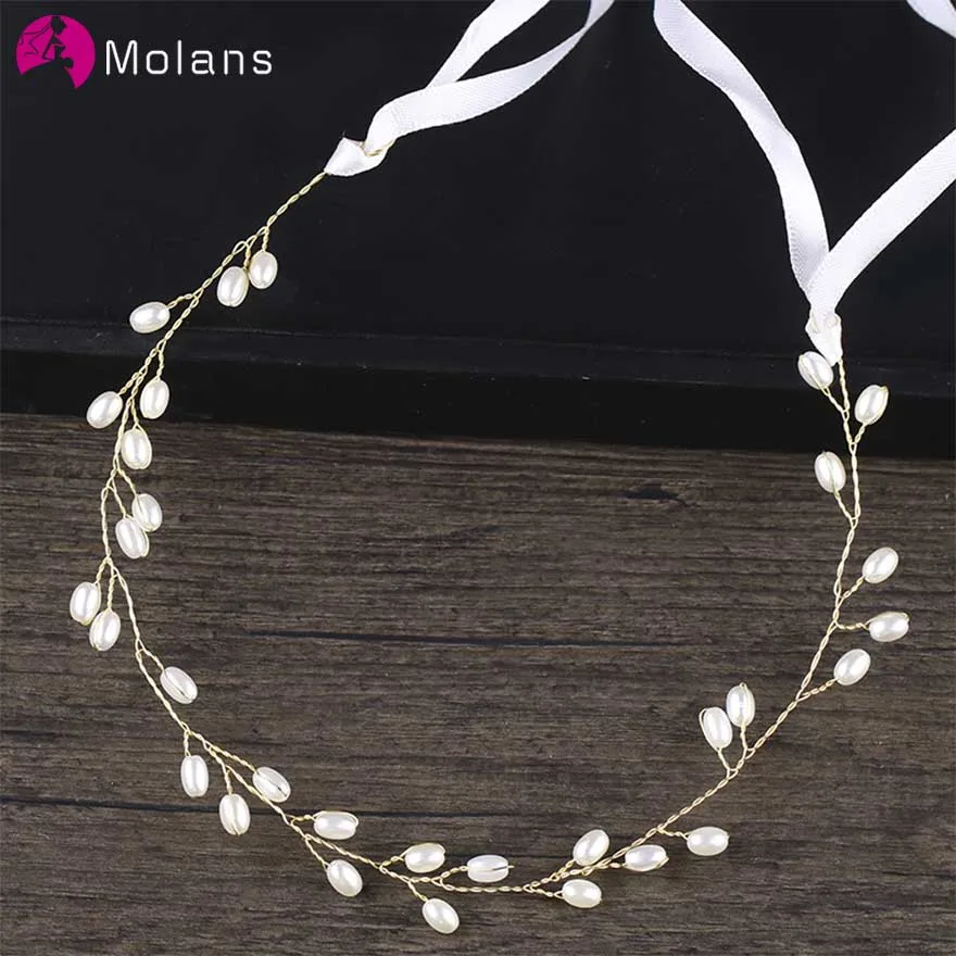 

MOLANS European Simple Pearls Headbands for Bridal Wedding Ornaments Handmade Alloy Twisted with Silk Ribbon Headpiece for Party