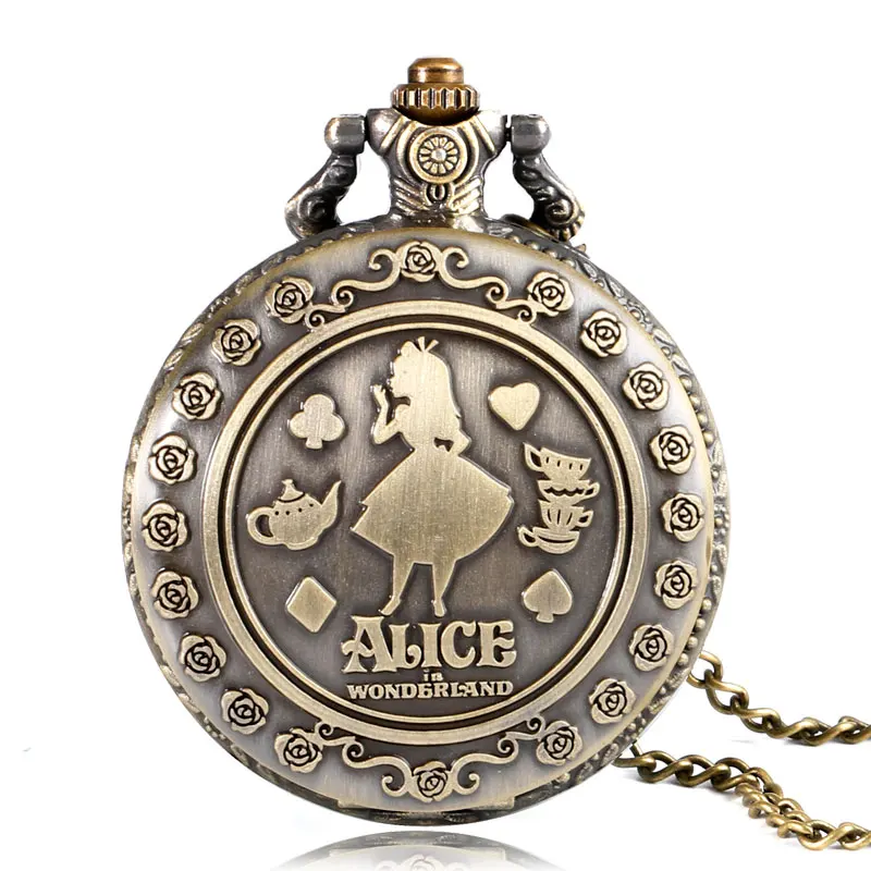 Винтаж медные карманные часы Алиса в стране чудес милые женские часы с рисунком модное ожерелье с цветами, детский подарок на день рождения Рождество часы