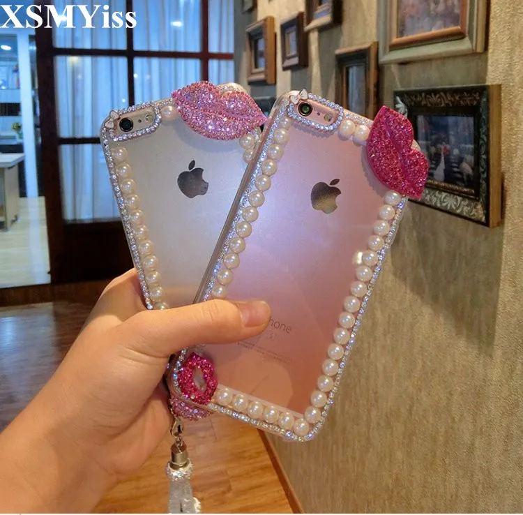 XSMYiss Bling Crystal Claw Chain Pearl Diamond Lips Soft Phone Case Cover For SamsungS6 S7 S8 S9 S10 S11 PLUS Lite Note5 8 9 10 |