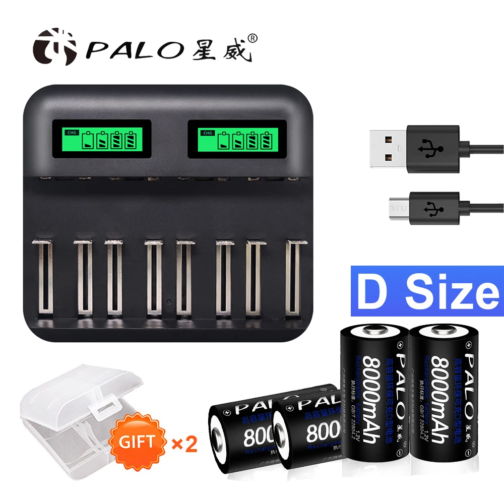

Palo C D Size Battery Charger LCD Smart Charge for AA AAA SC C D Size Battery+4pcs 1.2V 8000mAh NiMH Rechargeable Battery D Size
