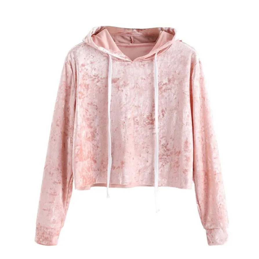 Women Pink Velvet Hoodie Ladies Long Sleeve Solid Campus Sweatshirt