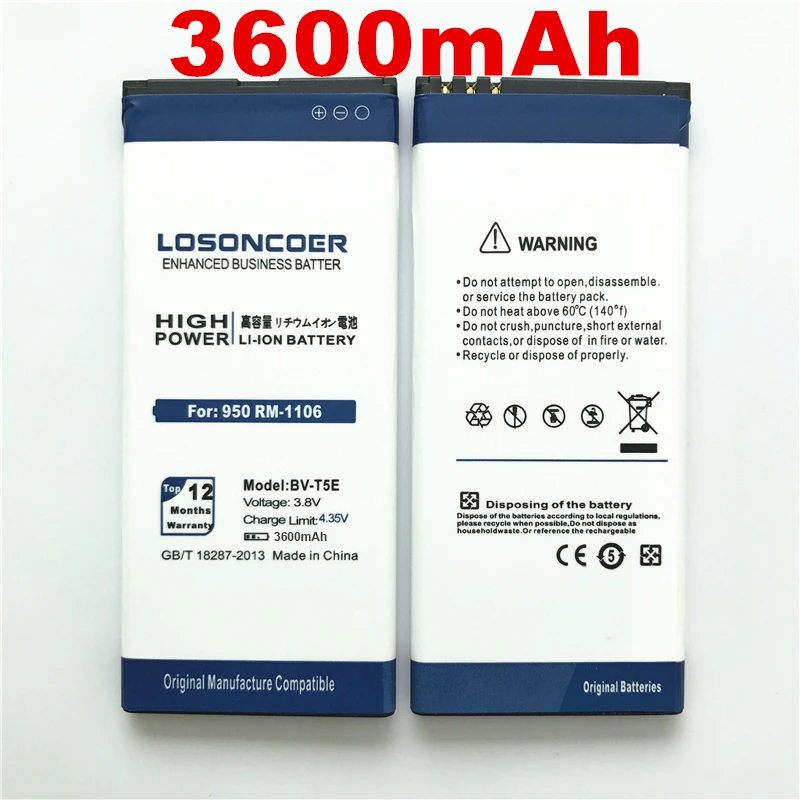 

100% Original LOSONCOER 3800mAh BV-T5E / BVT5E / BV T5E Batteries for Microsoft Lumia 950 Battery RM-1106 RM-1104 RM-110