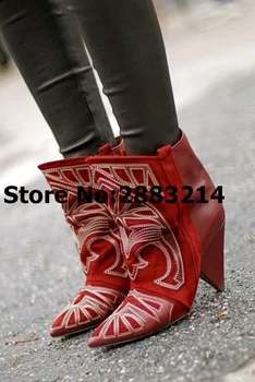 

Red Navy Blue Embroidery Pointy Toe Sexy Brand Designer Women Fashion Boots T-stage Stiletto High Heels Ankle Booties Shoes