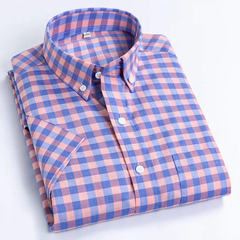 Short Sleeve Shirts Men Fashion Design Loose 100% Cotton Plaid Camisa Social Dress Check Regular fit Single Breasted CollarShirt