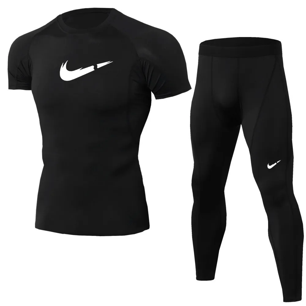 2019 Newest Brand clothing Fitness Compression Sets T Shirt Men Printed Crossfit Muscle Shirt Leggings Base Layer Tight Tops