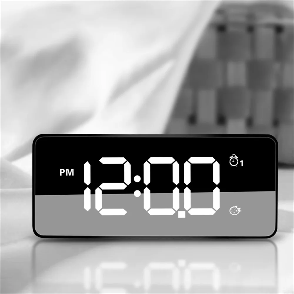 

LED Mirror Alarm Clock Snooze Digital Table Clock Wake Up Light Electronic Large Time Temperature Display Desk Clocks USB Charge