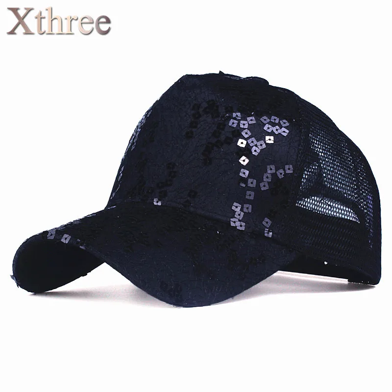 Xthree, модная, 5 панелей, летняя бейсболка, с блестками, сетчатая Кепка, Женская Бейсболка, кепка для девочек, casquette gorras - Цвет: black