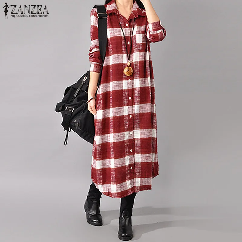 Клетчатая рубашка Vestido ZANZEA, женское длинное платье с отворотом и длинным рукавом, повседневная хлопковая туника на пуговицах, сарафан, Халат