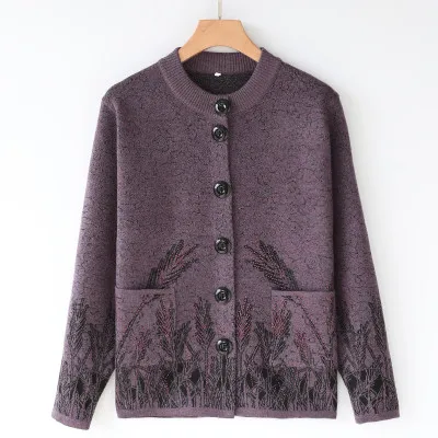 Женские вязаные кардиганы для среднего возраста, весенний, осенний, зимний теплый свитер, куртка большого размера с круглым вырезом, пальто-кардиган, повседневные топы 4XL - Цвет: Dark purple