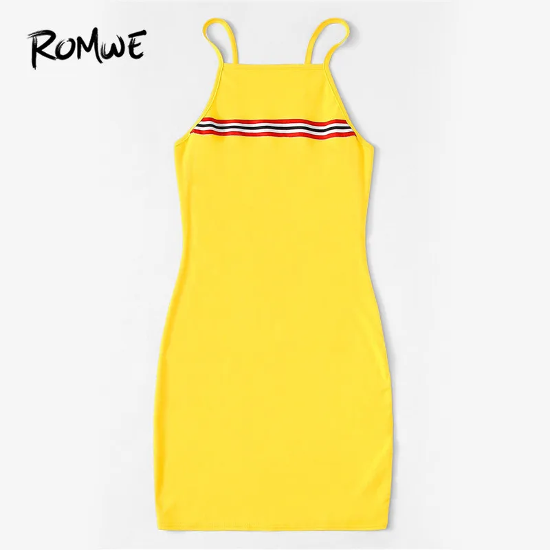 ROMWE женское желтое повседневное облегающее мини-платье на бретельках, летнее прямое Полосатое Короткое приталенное платье