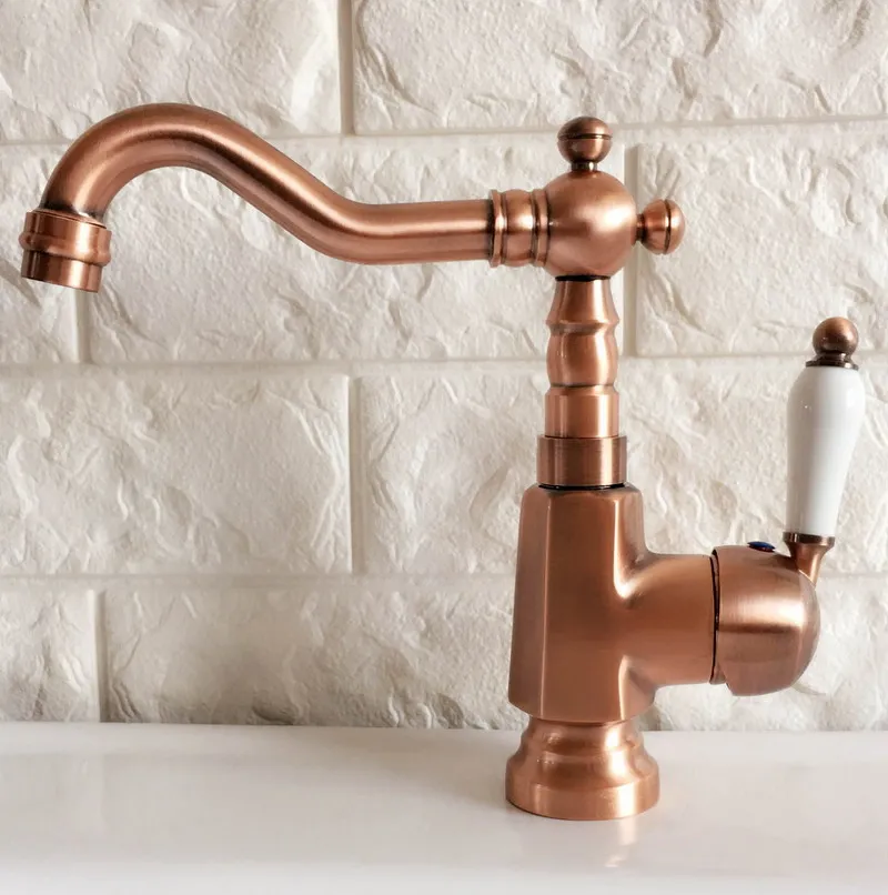 Antique Red Copper Brass Bathroom Kitchen Basin Sink Faucet Mixer Tap Swivel Spout Single Handle One Hole Deck Mounted mnf396
