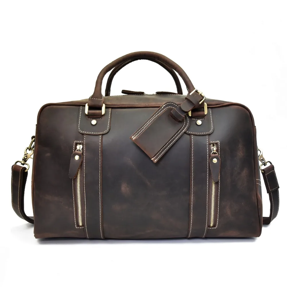 Men Vintage Cow leather travel duffel Thick Real leather weekend bag